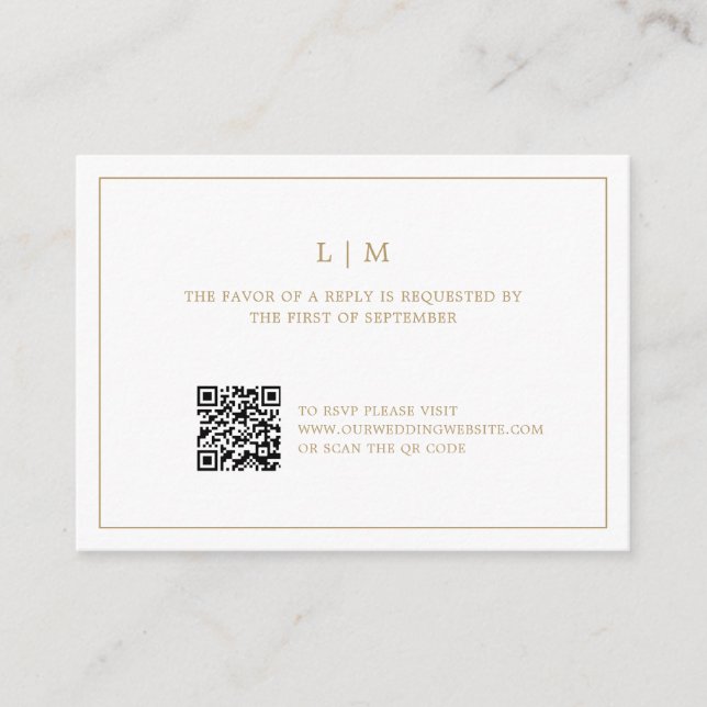 Simple Antique Gold Monogram QR Code Wedding RSVP Note Card (Front)