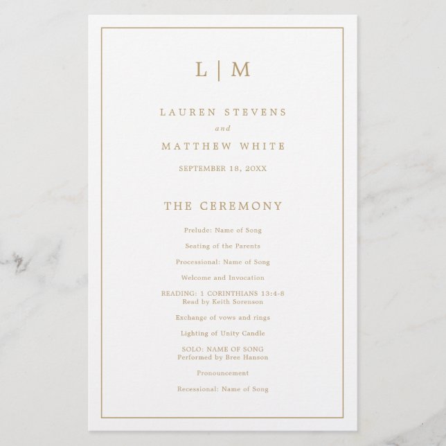 Simple Antique Gold Monogram Wedding Program (Front)