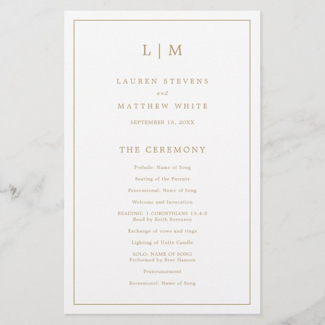 Simple Antique Gold Monogram Wedding Program Flyer (Front)