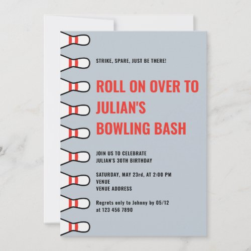 Simple Any Age Dusty Blue Bowling Birthday Party Invitation