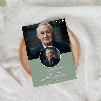 Simple Any Age Sage Green Photo 90th Birthday Invitation