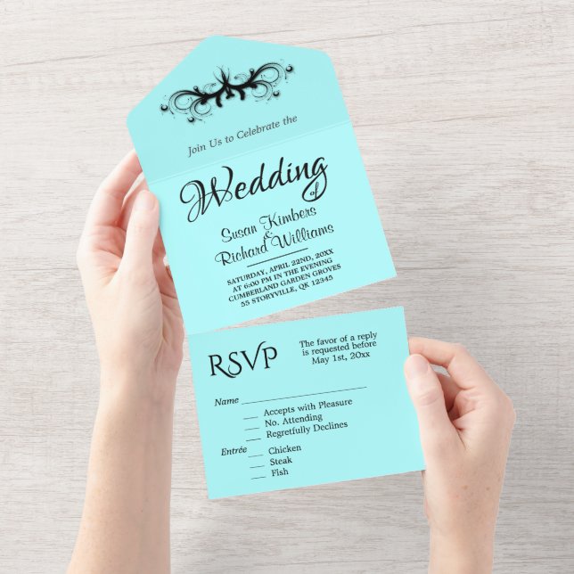  Simple Aqua and Black Tri Fold w Rsvp Wedding All In One Invitation (Tearaway)