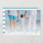 Simple Aqua Beach Photo Elegant Christmas Holiday Card<br><div class="desc">Send out holiday cheer with this nautical themed flat Christmas card featuring a simple design with the words "Seas and Greetings" in an elegant thin aqua script,  along with your message over your favorite horizontal beach vacation photo.  The backside has aqua and white stripes.</div>