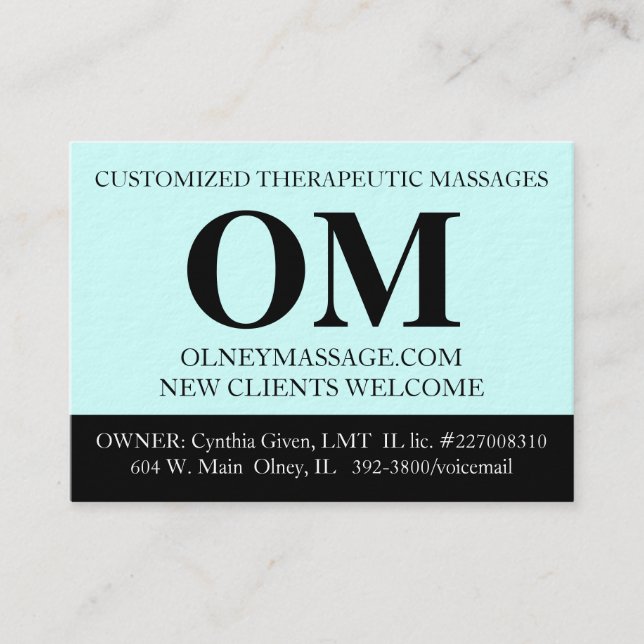Simple Aqua, Black, and White Massage Therapy Card (Front)