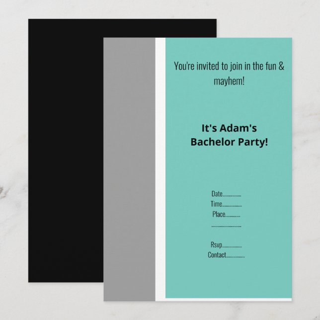 SIMPLE AQUA BLACK WHITE BACHELOR PARTY INVITE (Front/Back)
