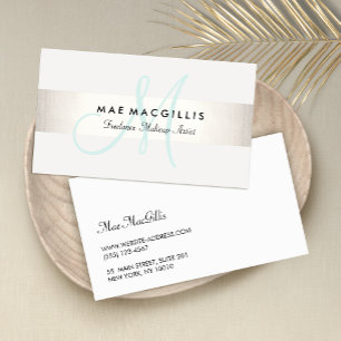 Simple Aqua Monogram Modern FAUX Silver Striped Business Card