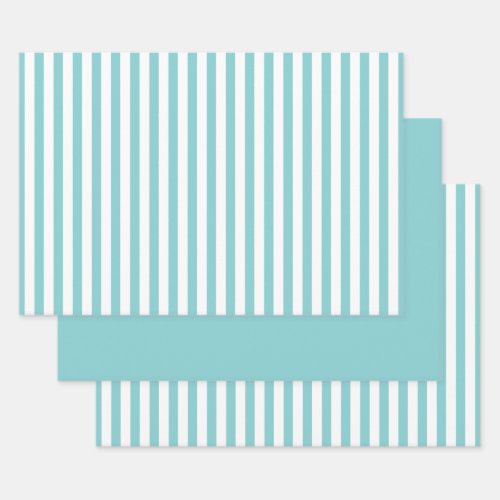 Simple AquaWhite Stripes Geometric Pattern Set Wrapping Paper Sheets