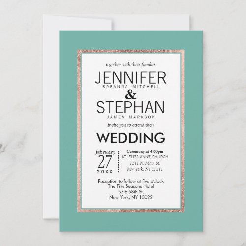 Simple Aquamarine Teal Rose Gold Line Wedding Invitation