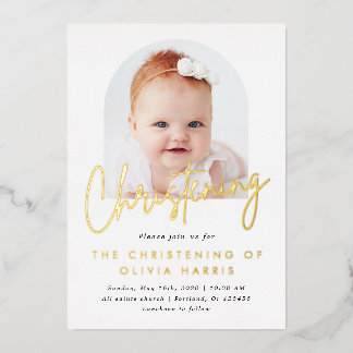 Simple Arc One Photo Christening Baptism Gold Foil Invitation