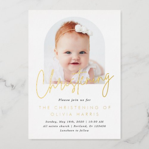 Simple Arc One Photo Christening Baptism Gold Foil Invitation