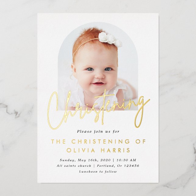 Simple Arc One Photo Christening Baptism Gold Foil Invitation (Front)