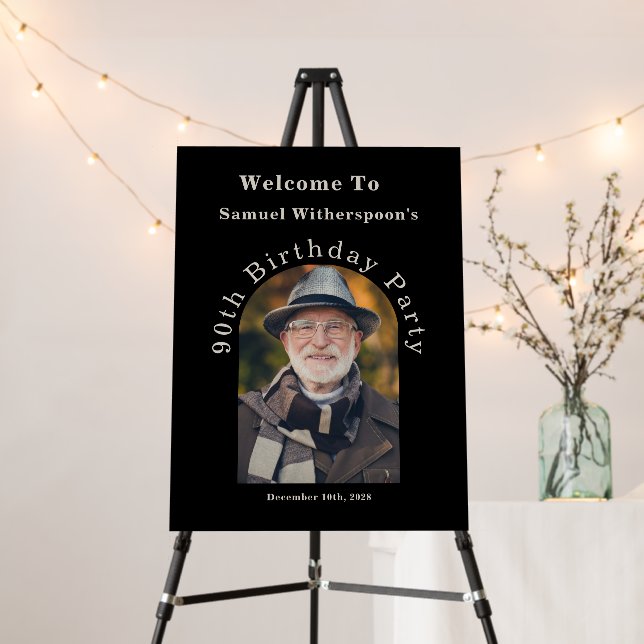 Simple Arch 90th Birthday Party Black Welcome Sign (In Situ (Stand))