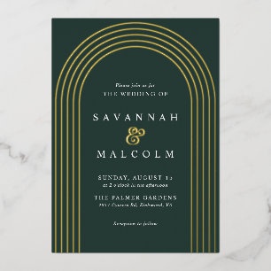 Simple Arch Dark Green and Gold Elegant Wedding Foil Invitation