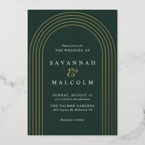 Simple Arch  Dark Green and Gold Elegant Wedding Foil Invitation