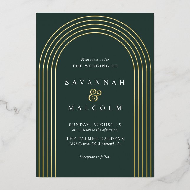 Simple Arch | Dark Green and Gold Elegant Wedding Foil Invitation (Front)