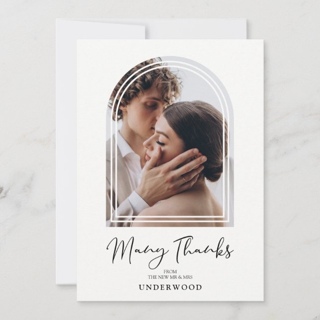 Simple Arch Effect Photo Modern MR & MRS Wedding Thank You Card (Front)