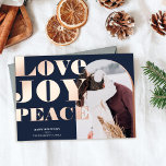 Simple arch love peace joy happy photo foil holiday card<br><div class="desc">Simple arch love peace joy typography happy holidays Christmas photo with real rose gold foil</div>