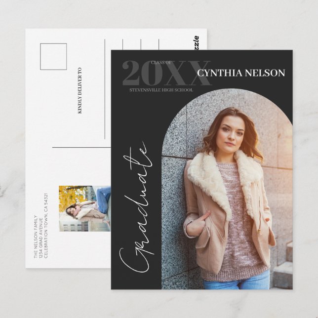 Simple Arch Photo Black Graduation Announcement Postcard (Front/Back)