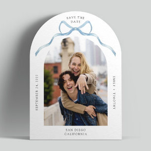 Simple Arch Photo Blue Bow Wedding Save the Date Invitation