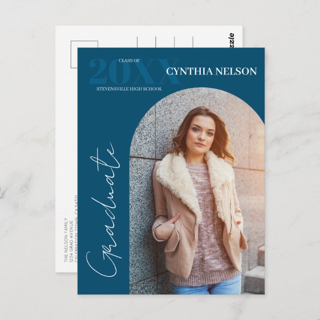 Simple Arch Photo Blue Graduation Announcement Postcard (Front/Back)
