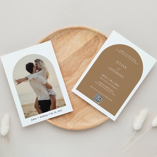 Simple Arch Photo QR code Terracotta Wedding Invitation