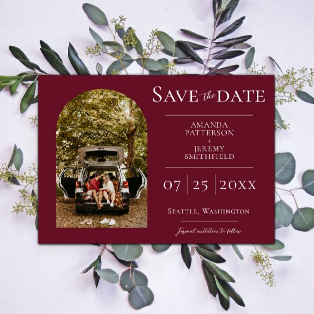 Simple Arch Photo | Wine Red Save the Date (Wine Red Simple Arch Photo Save the Date)