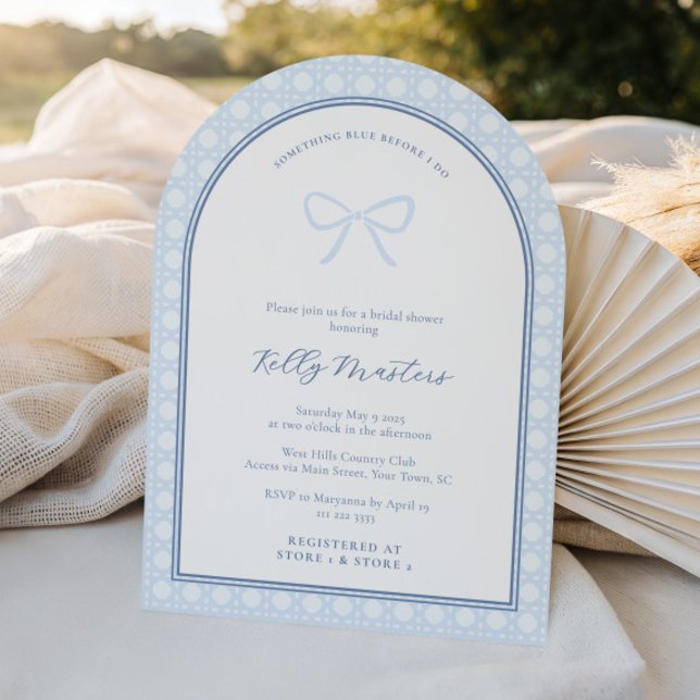 Simple Arch Something Blue Bow Wedding Shower Invitation (Elegant bow something blue before I do arch wedding shower invitations with wicker print )