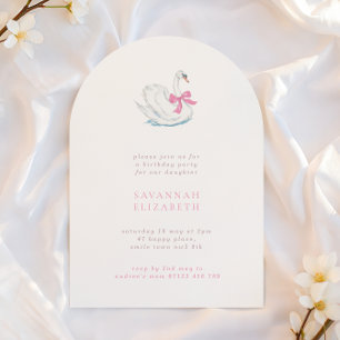 Simple Arch Swan & Pink Bow Girls Birthday Party Invitation