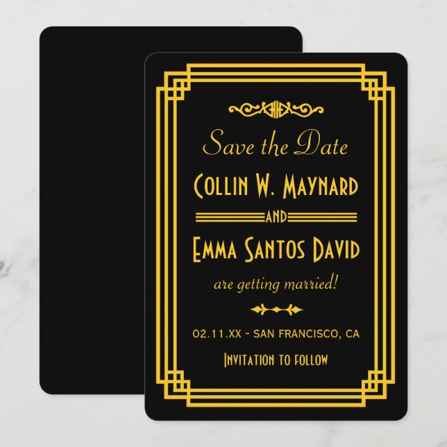 Simple Art Deco Black and Gold Save The Date Invitation (Front/Back)