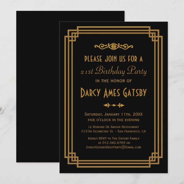 Simple Art Deco Black Birthday Party Invites (Front/Back)