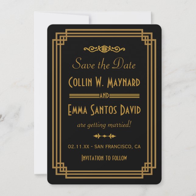 Simple Art Deco Black Save The Date (Front)
