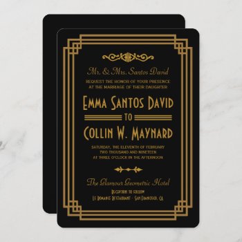 Simple Art Deco Black Wedding Invitations by RenImasa at Zazzle