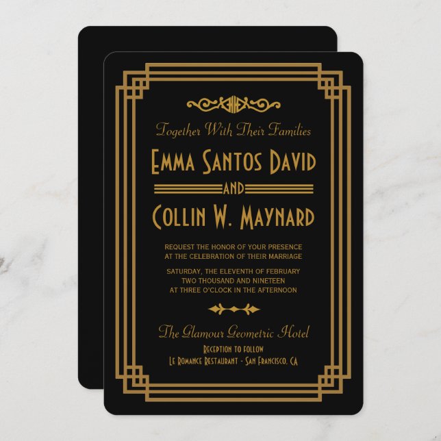 Simple Art Deco Black Wedding Invitations (Front/Back)