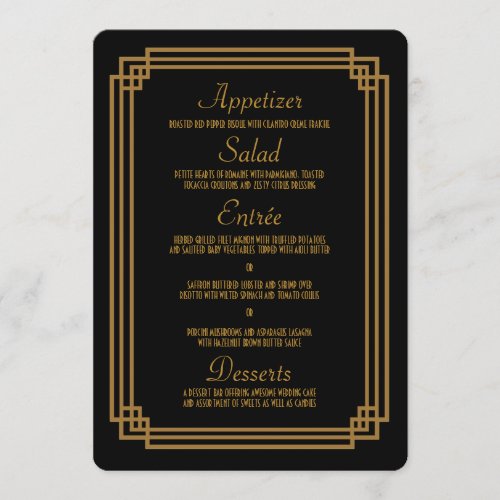 Simple Art Deco Black Wedding Menu Cards
