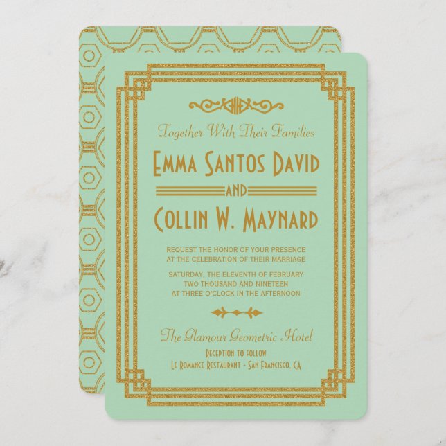 Simple Art Deco Mint Wedding Invites (Front/Back)