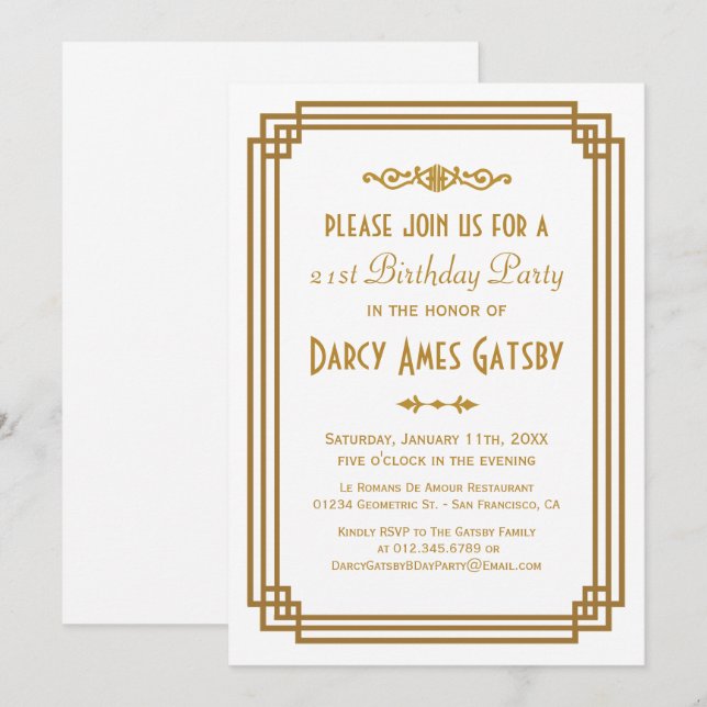 Simple Art Deco White Birthday Party Invites (Front/Back)
