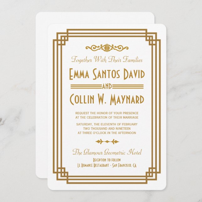 Simple Art Deco White Wedding Invites (Front/Back)