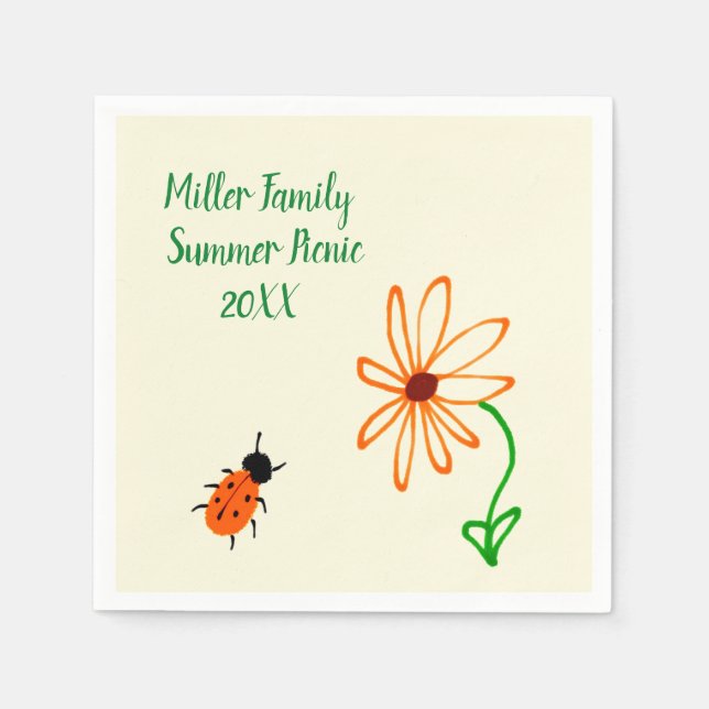 Simple Art Orange Flower and Bug Family Reunion Napkins (Front)