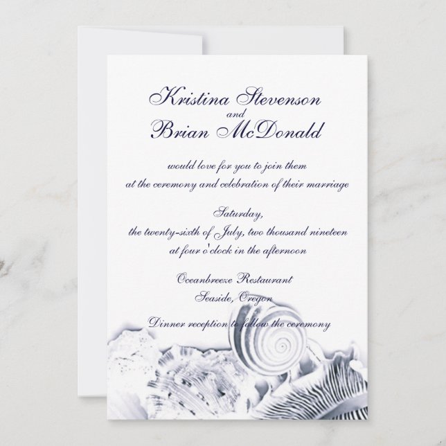Simple Artistic Navy Blue Seashells Wedding Invite (Front)
