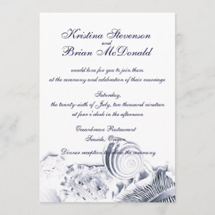 Simple Artistic Navy Blue Seashells Wedding Invite