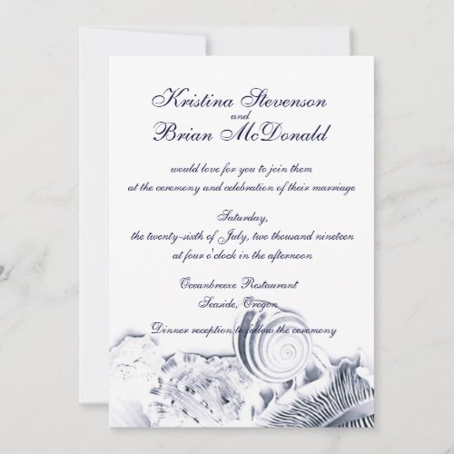 Simple Artistic Navy Blue Seashells Wedding Invite