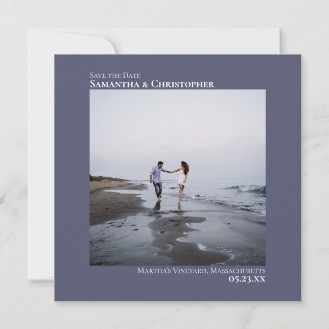 Simple Artsy Minimal Photo Steel Blue Wedding Save The Date (Front)