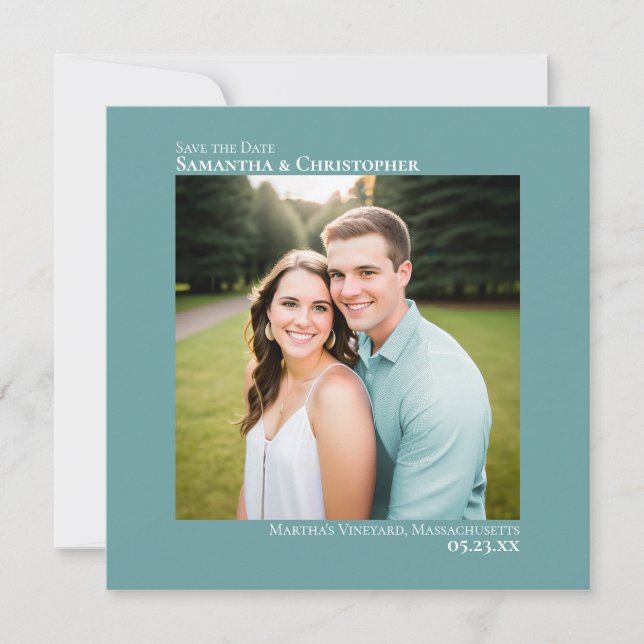 Simple Artsy Minimal Square Photo Teal Wedding Save The Date (Front)