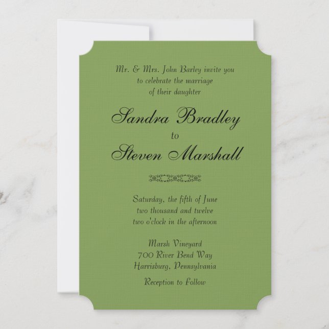 Simple Asparagus Green Wedding Invitations (Front)