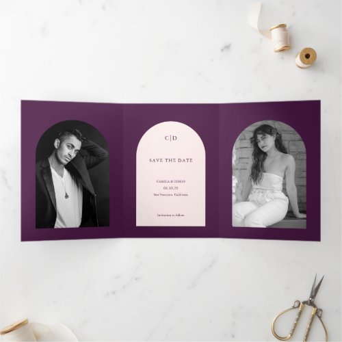 Simple Aubergine Arch Modern Wedding Save the Date Tri_Fold Announcement