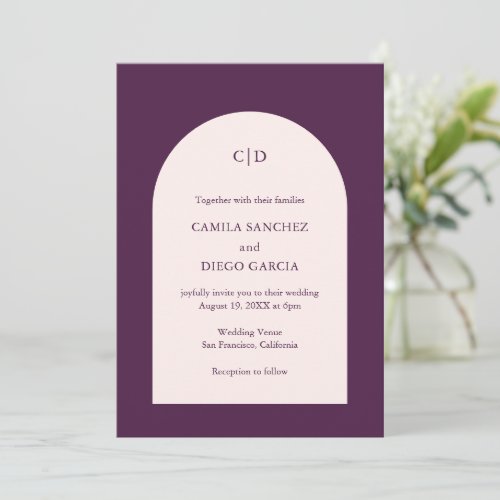 Simple Aubergine Monogram Arch Modern Wedding Invitation