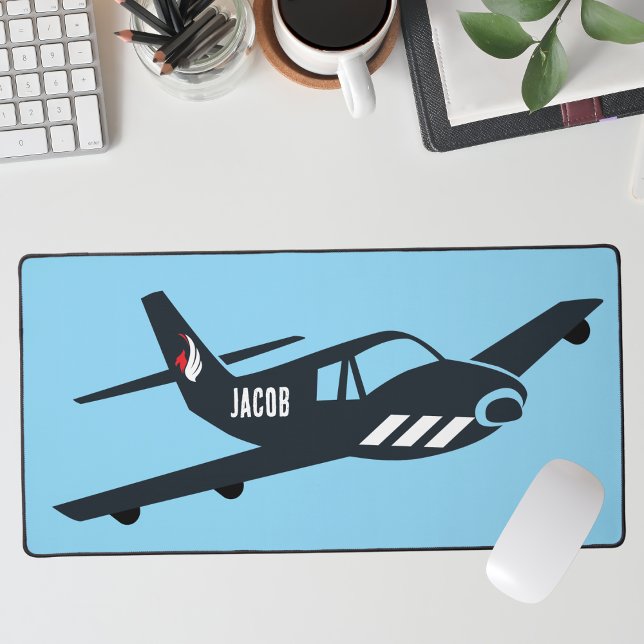 Simple Aviation, Monogram Airplane on Blue Office Desk Mat (Creator Uploaded)