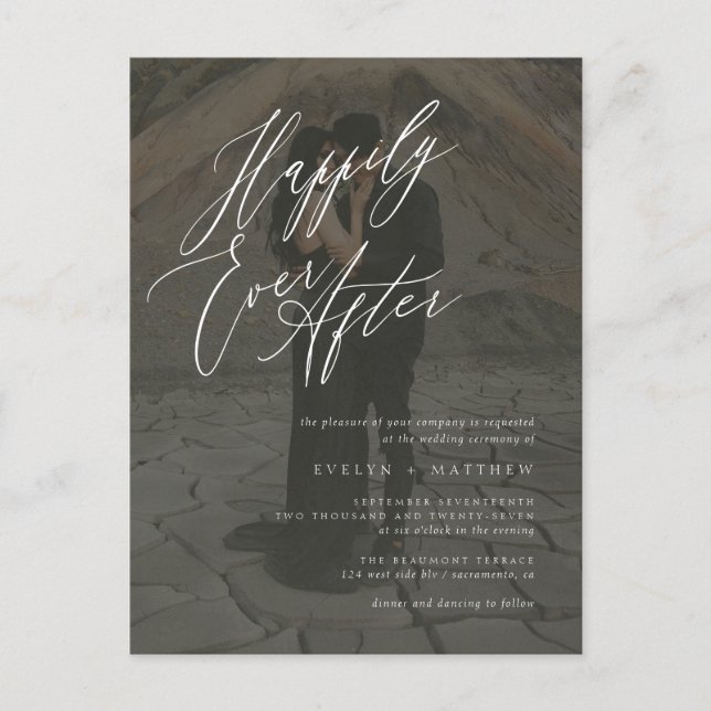Simple B&W Happily Ever After Script Photo Wedding Invitation Postcard (Front)
