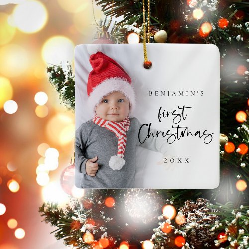 Simple Baby 1st Christmas Script Name Year Photo Ceramic Ornament