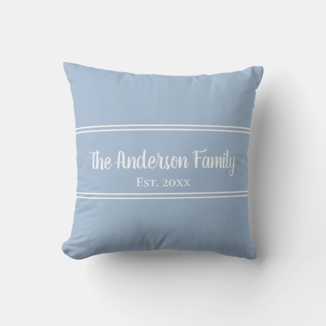 Simple Baby Blue and White Family Name Est. Outdoor Pillow (Front)